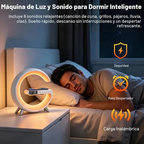Vista 5 de 4 In 1 Smart LED Table Lamp, Alarm Clock, Bluetooth Speaker, Wireless Charger, App Control Night Light Bedside Lamp with Fast Charging Station for