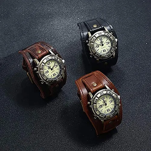 Vista 6 de Pulsera de reloj retro punk de cuero genuino para hombre, estilo hip hop, versátil