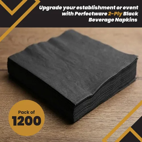 Vista 2 de Perfectware Servilletas negras de 2 capas. 1200 servilletas negras de cóctel de 2 capas. Servilletas negras de 10 x 10 pulgadas. El paquete es de 4