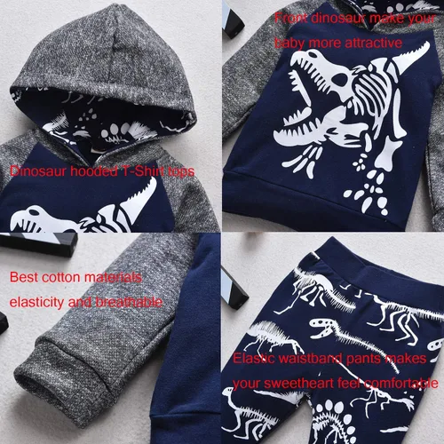 Vista 4 de Conjunto de sudadera con capucha de manga larga con capucha y pantalones de dinosaurio para bebés niños