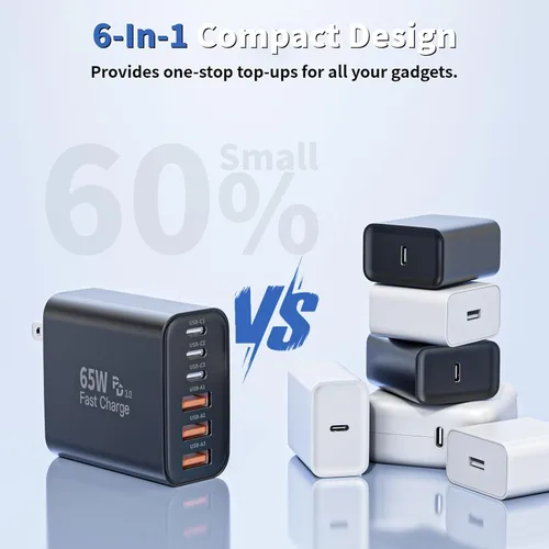 Vista 3 de Bloque de cargador USB C de 65 W, 2 unidades de 6 puertos Apple USB C GaN adaptador de corriente PD de carga rápida + enchufe de pared QC