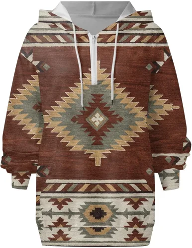 Vista 4 de Sudaderas con capucha estilo étnico azteca occidental para mujer, estilo casual, folk, manga larga, con bolsillo