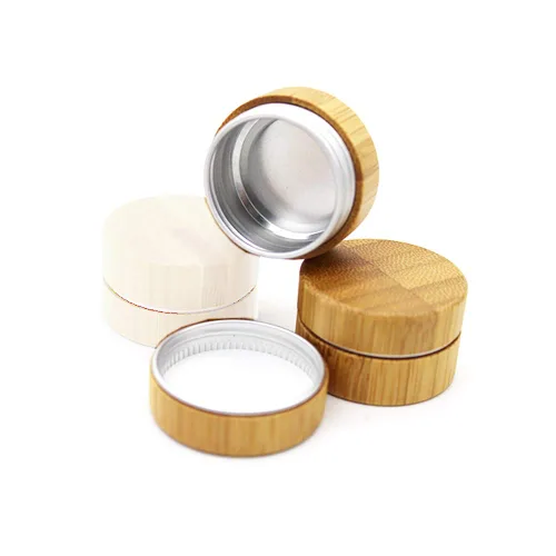 Vista 3 de 2 piezas de lata de aluminio vacía de 0.3 fl oz con carcasa de bambú, recipientes de muestra cosmética redondos de metal, latas de bambú, frascos