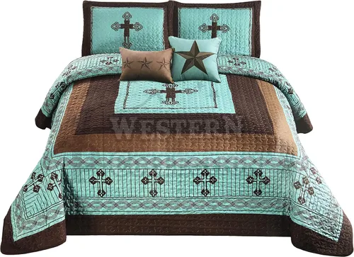 Vista 3 de Western Collection Edredón de lujo con cojines para el hogar, 5 piezas, estrellas occidentales y caballos, vaquero, colcha de gran