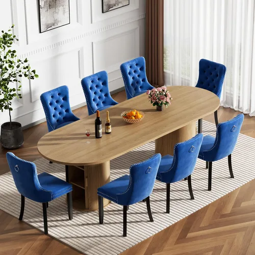 Vista 23 de Mesa de comedor redonda extensible con base de almacenamiento, mesa de comedor expandible natural de 63 a 94 pulgadas para 10 personas, mesa