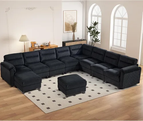 Vista 21 de HAOMARKETS Sofá esquinero modular en forma de L de 115 pulgadas con 2 otomanas móviles, sofás de pana de 8 plazas con cojín grueso para sala de Beige