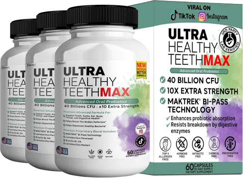Vista 11 de Suplemento probiótico Ultra Healthy Teeth Max, 40 mil millones de UFC, 60 cápsulas, fórmula avanzada de salud bucal (1)