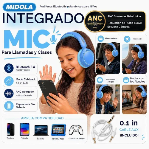 Vista 4 de MIDOLA Auriculares para Niños con Cancelación Activa de Ruido Bluetooth 5.4 Inalámbricos con Volumen Limitado 85/94dB, Carga Rápida Tipo C, Sobre