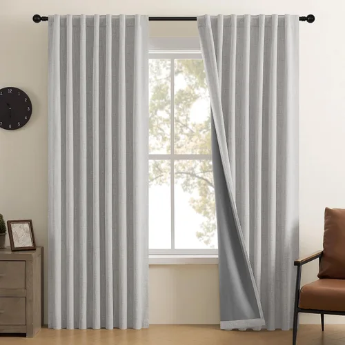 Vista 22 de CUCRAF Juego de 2 paneles de cortinas 100% opacas de lino de 84 pulgadas de largo, con pestaña trasera y bolsillo para barra para sala de estar