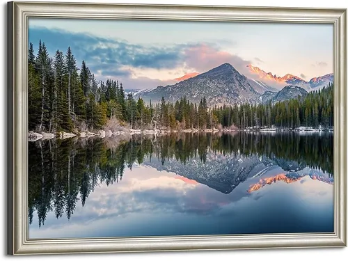 Vista 13 de Arte de Pared en Lienzo de Paisaje de Lago: Pintura Moderna Relajante del Horizonte al Atardecer, Impresión Simple y Natural de Barco y Juncos