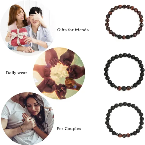 Vista 2 de MengPa - Pulseras de cuentas con cuentas de piedra volcánica mate y roca de lava, elástica, para hombre y mujer