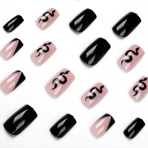 Vista 3 de Uñas acrílicas cuadradas medianas a presión, uñas acrílicas nude y negras para mujeres con diseño de serpiente, juego de 24