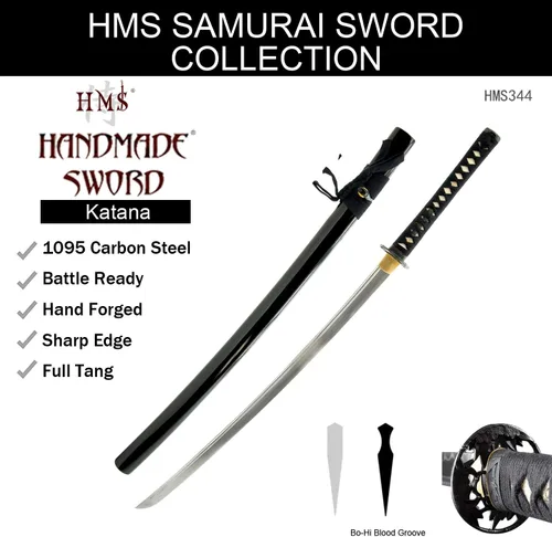 Vista 9 de HMS Espada katana samurai japonesa, Tsuba con patrón de bambú, forjada a mano, acero al carbono 1095, templado con arcilla, espiga completa, afilada
