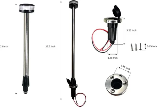 Vista 6 de Pactrade Marine Luz LED redonda, luz de popa, luz de anclaje, luz de poste LED de navegación de barco con poste estándar de 22 pulgadas con base