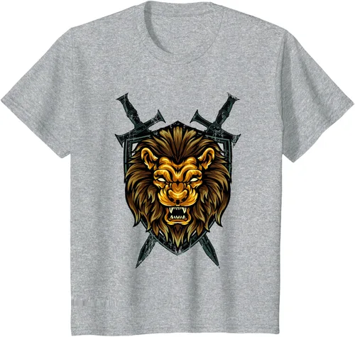Vista 35 de Camiseta con diseño de caballero medieval renacentista, con diseño de espada de león, Negro, S