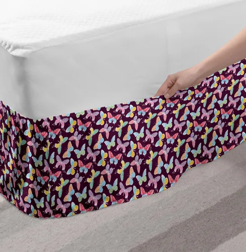 Vista 3 de Lunarable Purple Butterfly Bedskirt, Colorful Medley of Sketched Swallowtails Monarchs and Arctic Fritillaries, Bedroom Decor Wrap Around Elastic