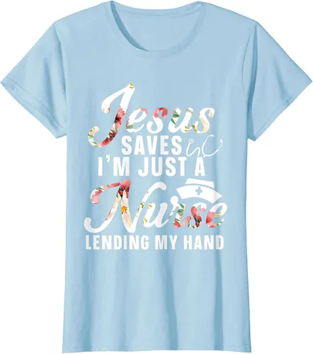 Vista 28 de Jesus Saves I'm Just A Nurse Lending My Hand RN Christian T-Shirt Asphalt Grey