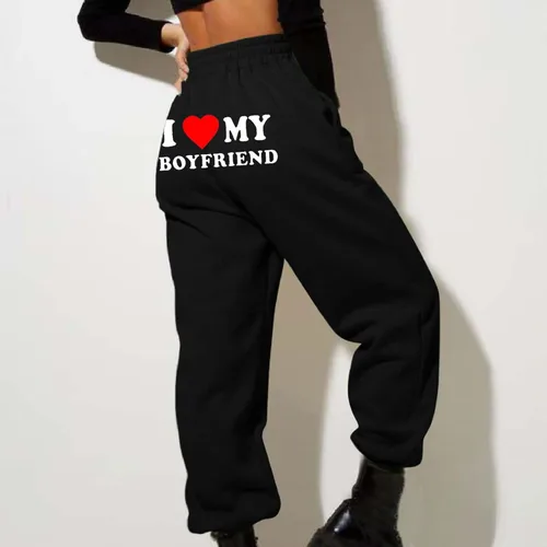 Vista 4 de I Love My Boyfriend - Pantalones deportivos a la moda, elásticos, de cintura alta, pantalones deportivos casuales de forro polar sueltos, pantalones