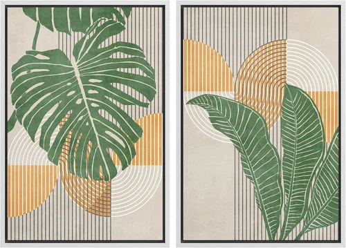 Vista 58 de IDEA4WALL Lienzo Enmarcado Impreso Arte de Pared Set Paisaje de Hojas de Palma de Selva de Mediados de Siglo Naturaleza Silvestre Ilustraciones Arte