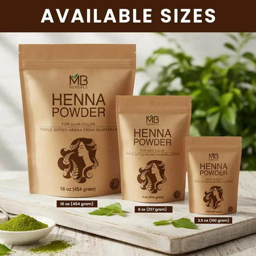 Vista 6 de MB Herbals Polvo de Henna 100% Natural y Pura 454 Gram 16 oz / 1.00 LB Para Color de Cabello Natural Naranja-Rojo Triple Tamiz Crudo No