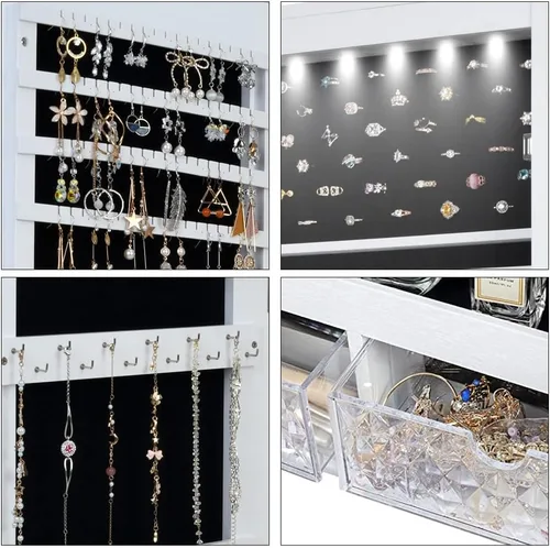 Vista 5 de Lvifur - Armario de joyería con 6 luces LED armario para las joyas montado en la pared o en la puerta con un espejo de longitud completa organizador