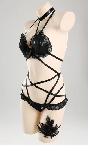 Vista 4 de Miccostumes Conjunto de lencería de encaje para mujer con sombrero