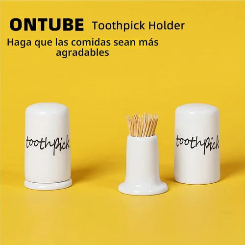 Vista 3 de ONTUBE Dispensador de palillos de dientes de cerámica con tapa, juego de 2, color blanco
