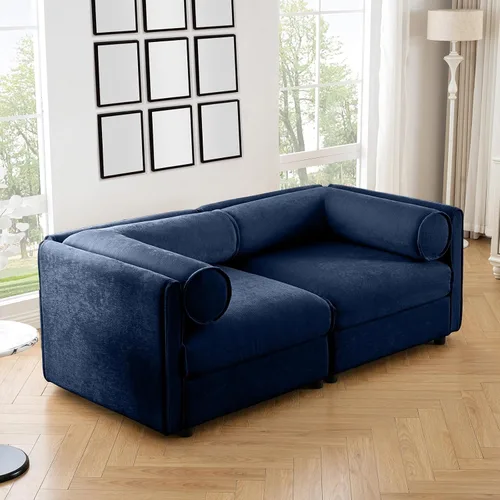 Vista 4 de Sofá biplaza azul de 75.5 pulgadas, sofás seccionales grandes de 2 plazas para sala de estar, sofá modular de tela de felpilla, juego de sofás