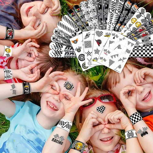 Vista 8 de Juego de 72 piezas de bandera a cuadros, 48 tatuajes temporales y 24 pulseras de palmada, suministros de cumpleaños temáticos de carreras, regalos