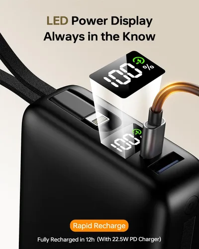Vista 5 de Cargador Portátil 50000mAh Power Bank, Cargador de Teléfono Portátil con 2 Cables Integrados, 22.5W Carga Rápida Elementos Esenciales de Viaje