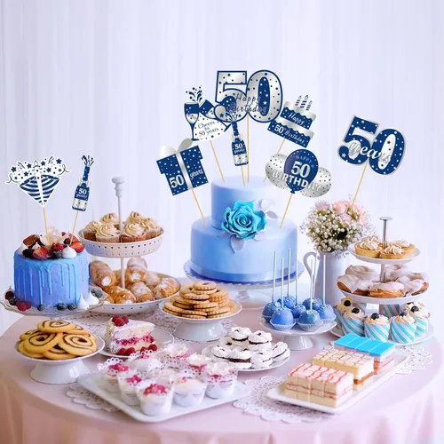 Vista 6 de 24 piezas de decoración de mesa de cumpleaños de 50 años, color azul y plateado, incluye 24 patrones de cartón, palos y puntos adhesivos, perfecto