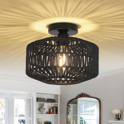Vista 10 de Lámpara bohemia para techo, lámpara de techo de ratán con bombilla LED regulable, mini lámpara de araña tejida a mano para pasillo, dormitorio Gris