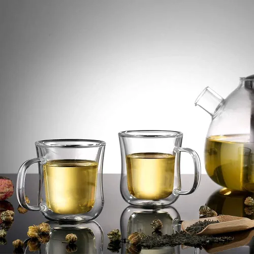 Vista 5 de ecooe Juego de 2 tazas de café de doble pared de 4 onzas, tazas de café de vidrio transparente con asa, taza de café aislada de borosilicato Clear