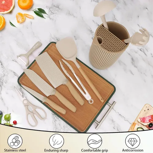 Vista 10 de Juego de cuchillos de cocina profesionales de 10 piezas con bloque universal de cuchillos, herramientas de cocina antiadherentes resistentes al Caqui