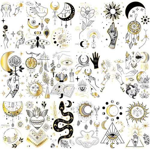 Vista 6 de Glaryyears Tatuaje temporal dorado metálico, paquete de 18 tatuajes falsos de larga duración, paquete variado de tatuajes realistas
