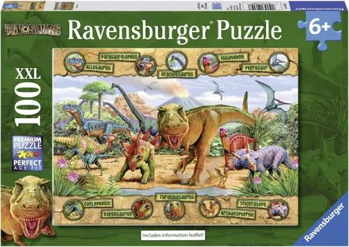 Vista 3 de Ravensburger Dinosaurs 10609 - Rompecabezas XXL de 100 piezas para niños, cada pieza es única, las piezas encajan perfectamente