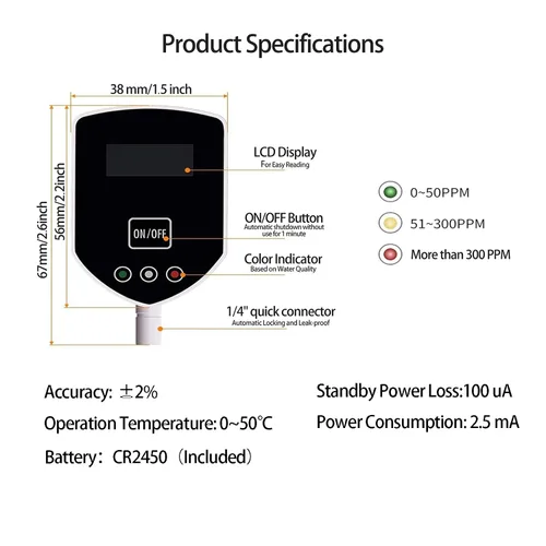 Vista 2 de medidor TDS en línea, medidor digital de calidad del agua TDS y medidor de medición de PPM para sistema RO-RODI, monitor de agua potable, acuarios