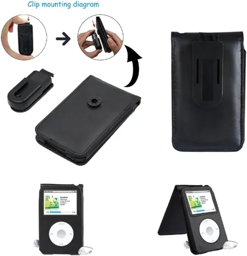 Vista 4 de Funda protectora de cuero para Apple iPod Classic 6ª, 7ª, 80 GB, 120 GB delgada 160 GB y iPod Video 5th 30 GB con clip para cinturón + protector