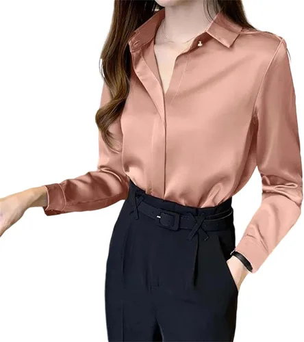 Vista 2 de Camisa de cuello alto para mujer, blusa de oficina elegante y holgada con botones sólidos