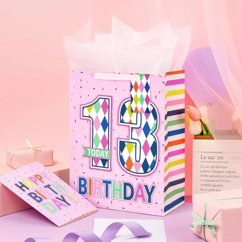 Vista 4 de Loveinside Bolsa de regalo de cumpleaños rosa con papel de seda, etiqueta de regalo y tarjeta de felicitación para niñas, fiestas y más, 10 x 5 x 13