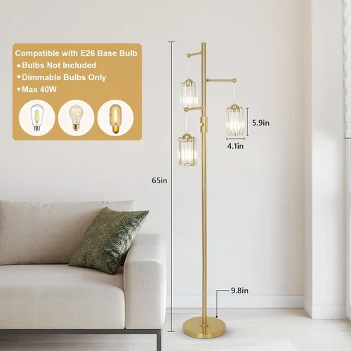 Vista 5 de Lámparas de pie de cristal dorado para sala de estar, 3 luces regulables, lámpara de pie moderna con pantalla de cristal, interruptor de atenuación