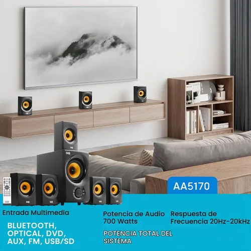 Vista 2 de Acoustic Audio AA5170 Sistema de bocinas Bluetooth 5.1 para cine en casa 700W con subwoofer de graves activos
