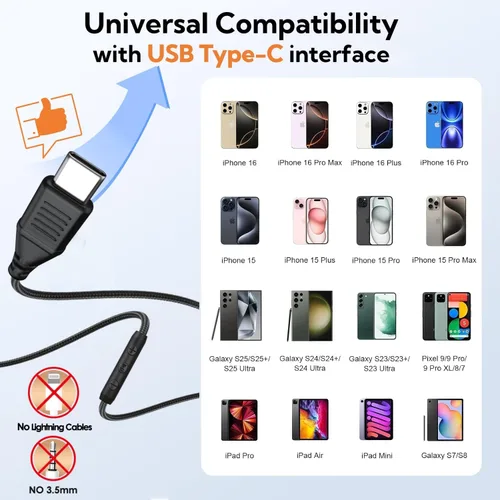 Vista 8 de Auriculares USB C con cable sobre la oreja con micrófono HD, auriculares plegables con cancelación activa de ruido