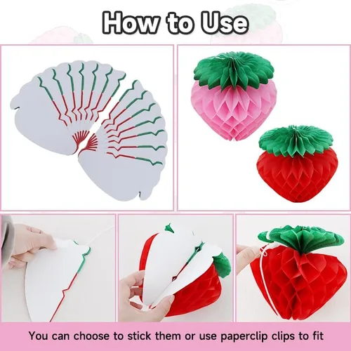 Vista 3 de BEISHIDA Bolas de panal de papel de fresa de 6 pulgadas, color rojo y rosa, decoración de mesa de fresas para mesas, decoración colgante de mesa