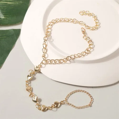 Vista 6 de Jumwrit Pulsera de cadena de mano con anillo de dedo, pulsera de eslabones dorados, arnés de mano de esclavo, pulsera de corazón de amor, pulsera