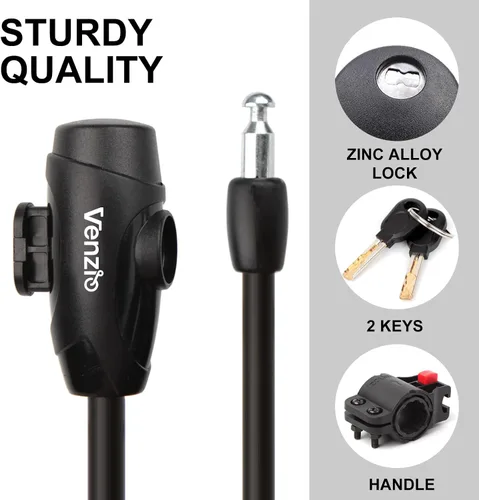 Vista 5 de Venzio - Cable antirrobo para bicicleta, resistente de 4 pies, cable de bloqueo de bicicleta de 0.5 pulgadas Bike Lock Cable with 2 Keys and