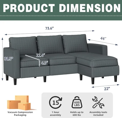 Vista 2 de SUNLEI L-Shaped Sectional Couch, Modern Grey Reversible Sectional Sofa with Reversible Ottoman, 3-Seat Sectional Couches for Living Room and