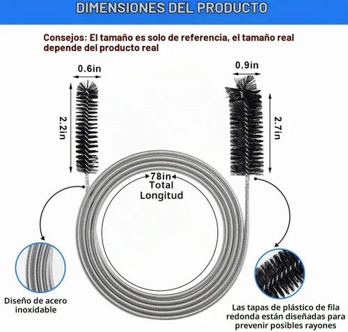 Vista 2 de Cepillo de drenaje flexible largo de 78 pulgadas, cepillo de limpieza de tubo de alimentación de nylon y acero inoxidable flexible de doble extremo