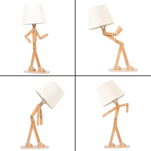 Vista 3 de Bonita lámpara de escritorio, creativa, con brazo oscilante, de madera, para hombre, pantalla redonda, luz de noche, divertida lámpara de niños