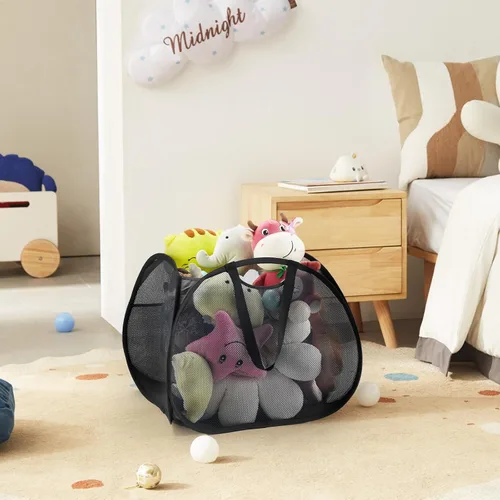 Vista 6 de TECHMILLY Cesta plegable de malla con asas fuertes, cesta de ropa de gran apertura con bolsillos laterales, cestas de almacenamiento para Blanco